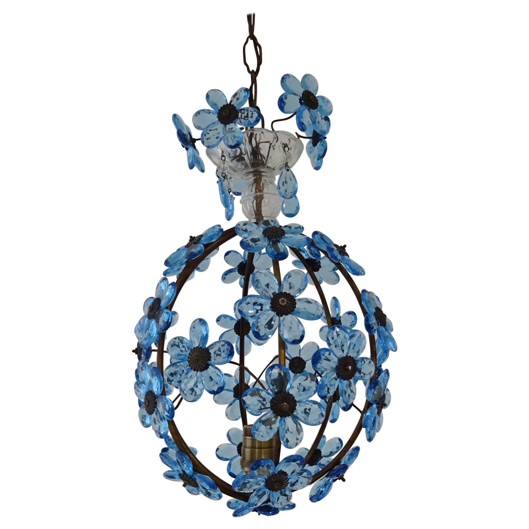 French Blue Flower Ball Crystal Prisms Maison Baguès Style Chandelier, 1920s