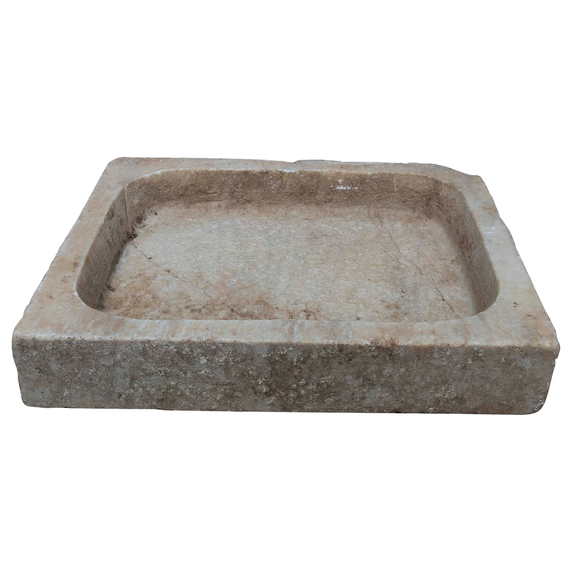 White Hand Carved Marble Washbasin with One Sink in a Single Block For Sale