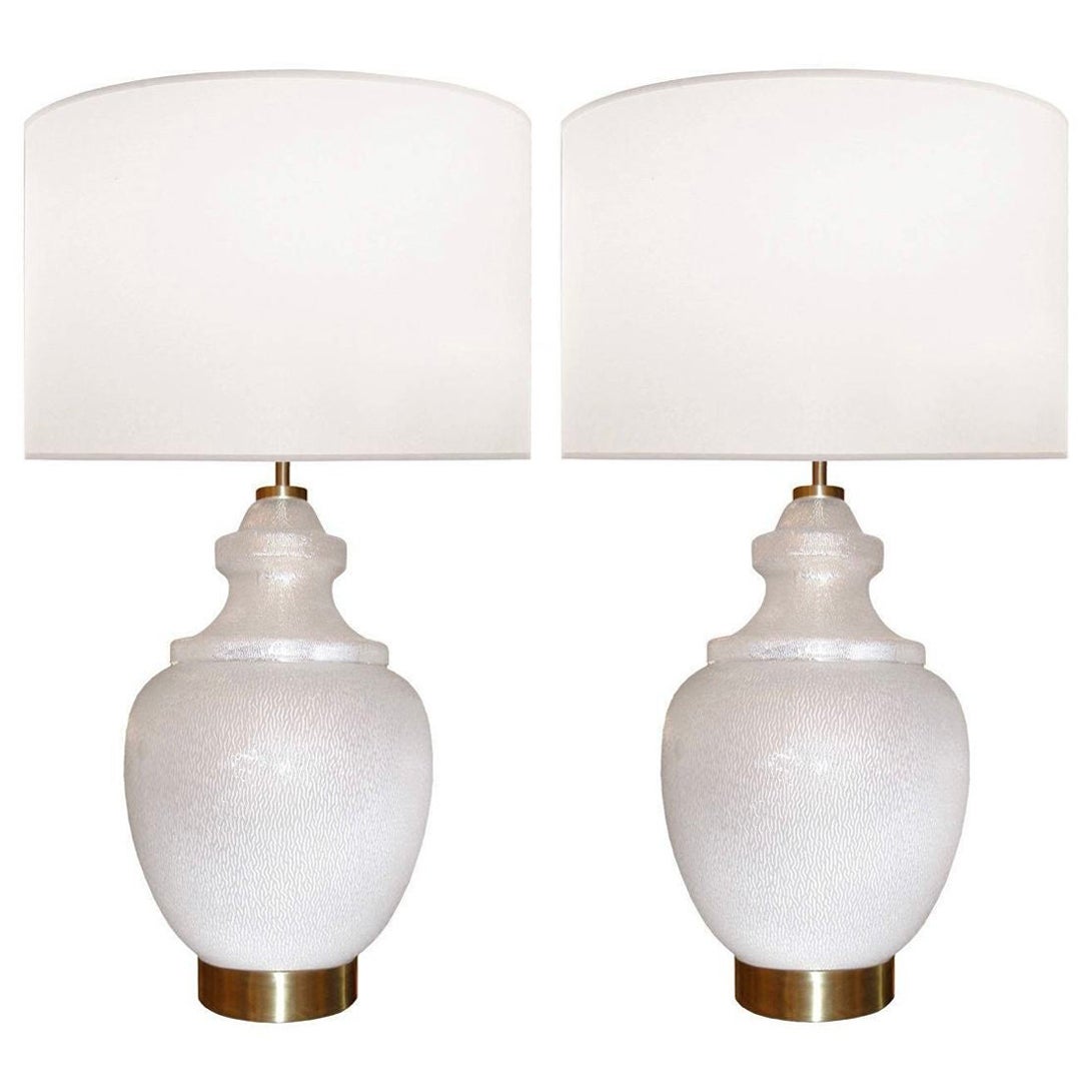 Pair Large White Mid-Century Modern Table Lamps, Textured Art Glass, Brass 1960s