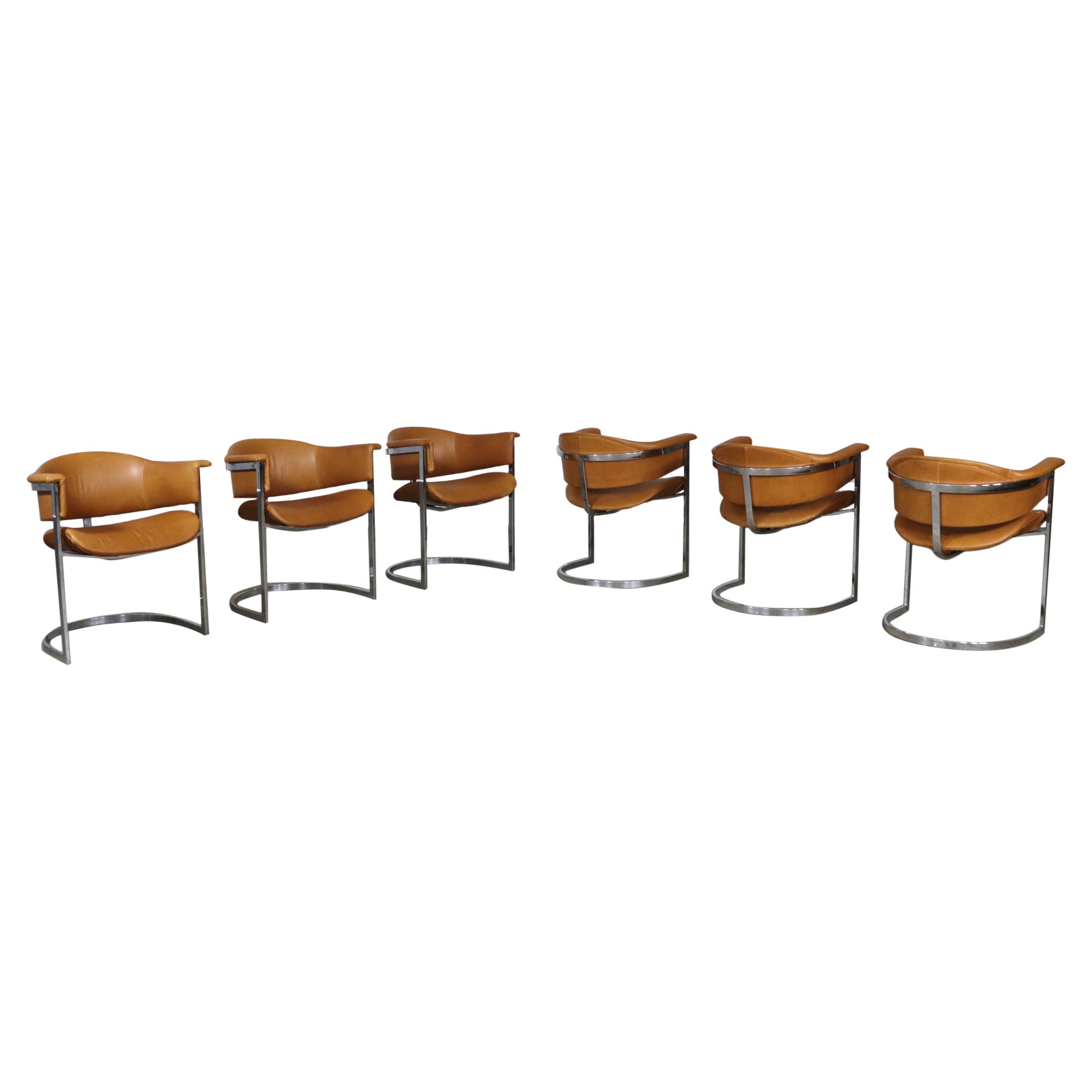 Vittorio Introini: 6er-Set Esszimmerstühle aus verchromtem Stahl und cognacfarbenem Leder