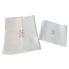 French Set of 6 napkins & tablecloth damask linen embroidered monograms - 1900