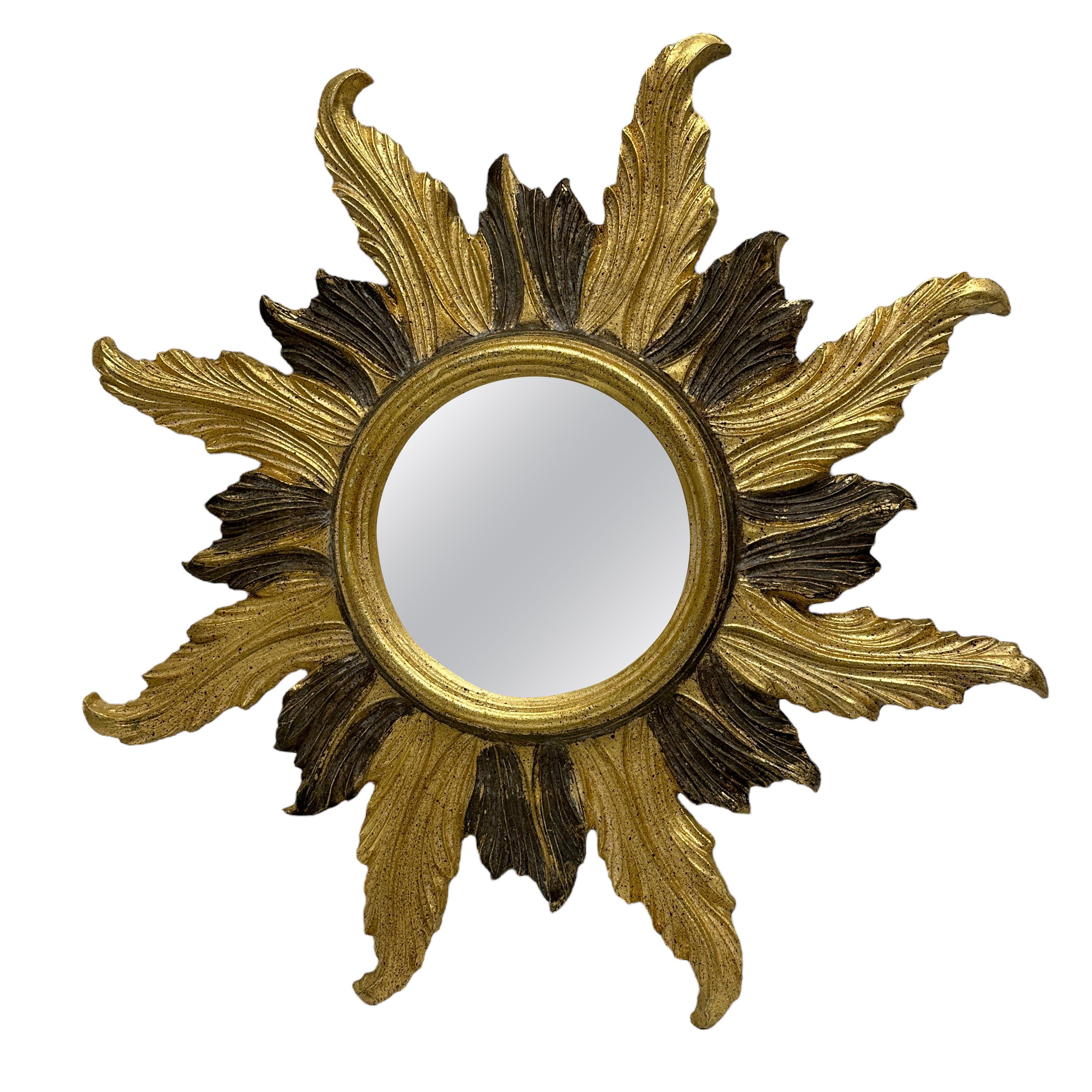 Magnifique miroir en forme d'étoile rayonnante, composition dorée, Italie, années 1950