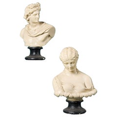 Antique Two Painted Plaster Busts of Apollo & Clytie