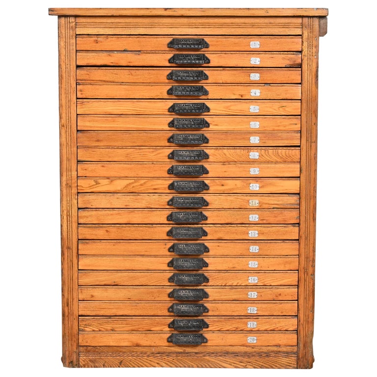 Antique Oak 20Drawer Blueprint Flat File by Hamilton, Circa
