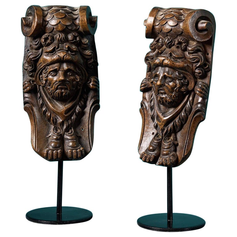 Pair of Antique Hand Carved Walnut Corbels on Stands For Sale at 1stDibs