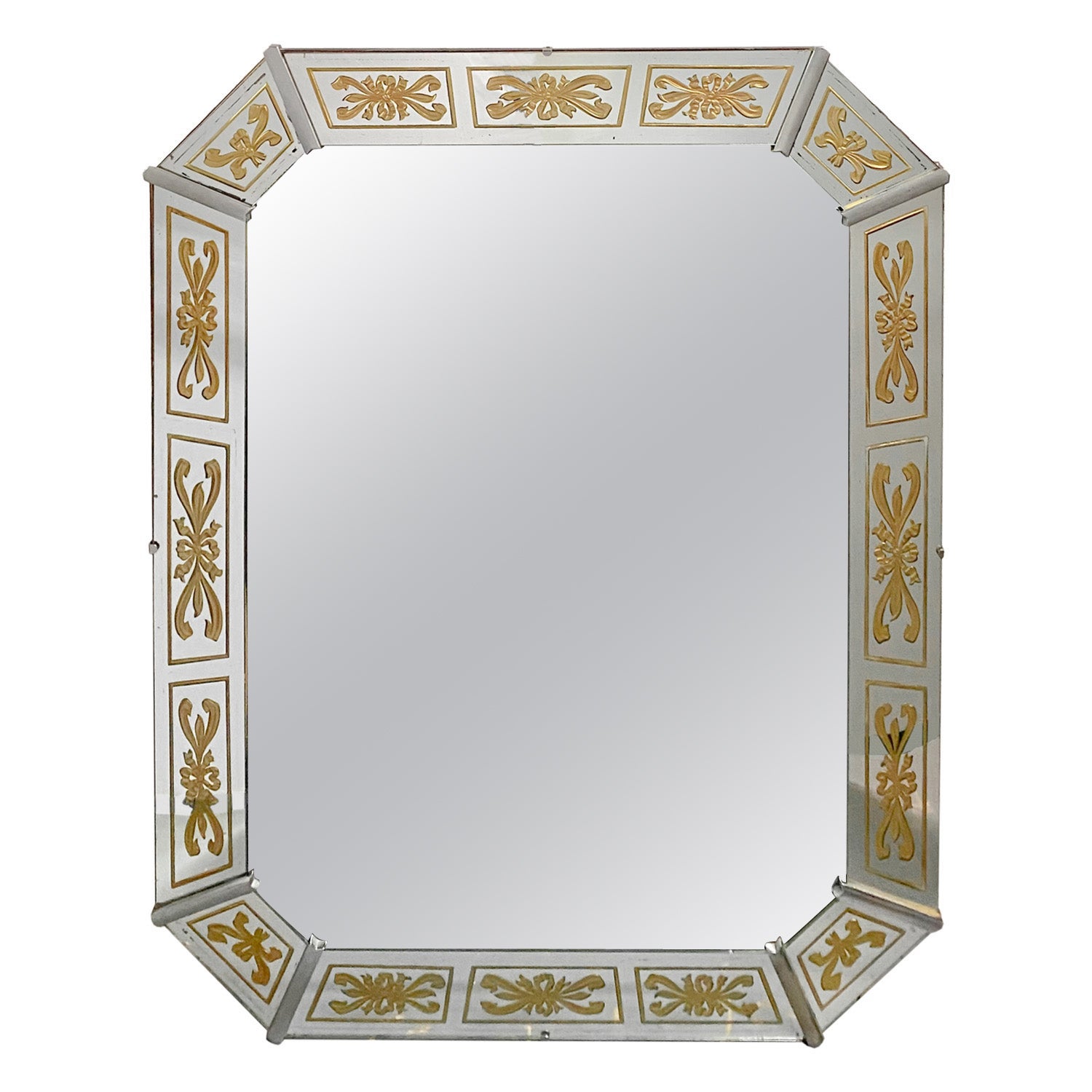 Hollywood Regency Style Venetian Eglomise Gold Bow & Ribbon Design Wall Mirror For Sale