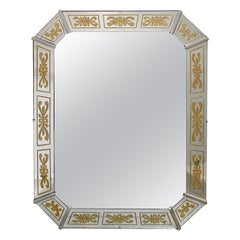 Vintage Hollywood Regency Style Venetian Eglomise Gold Bow & Ribbon Design Wall Mirror