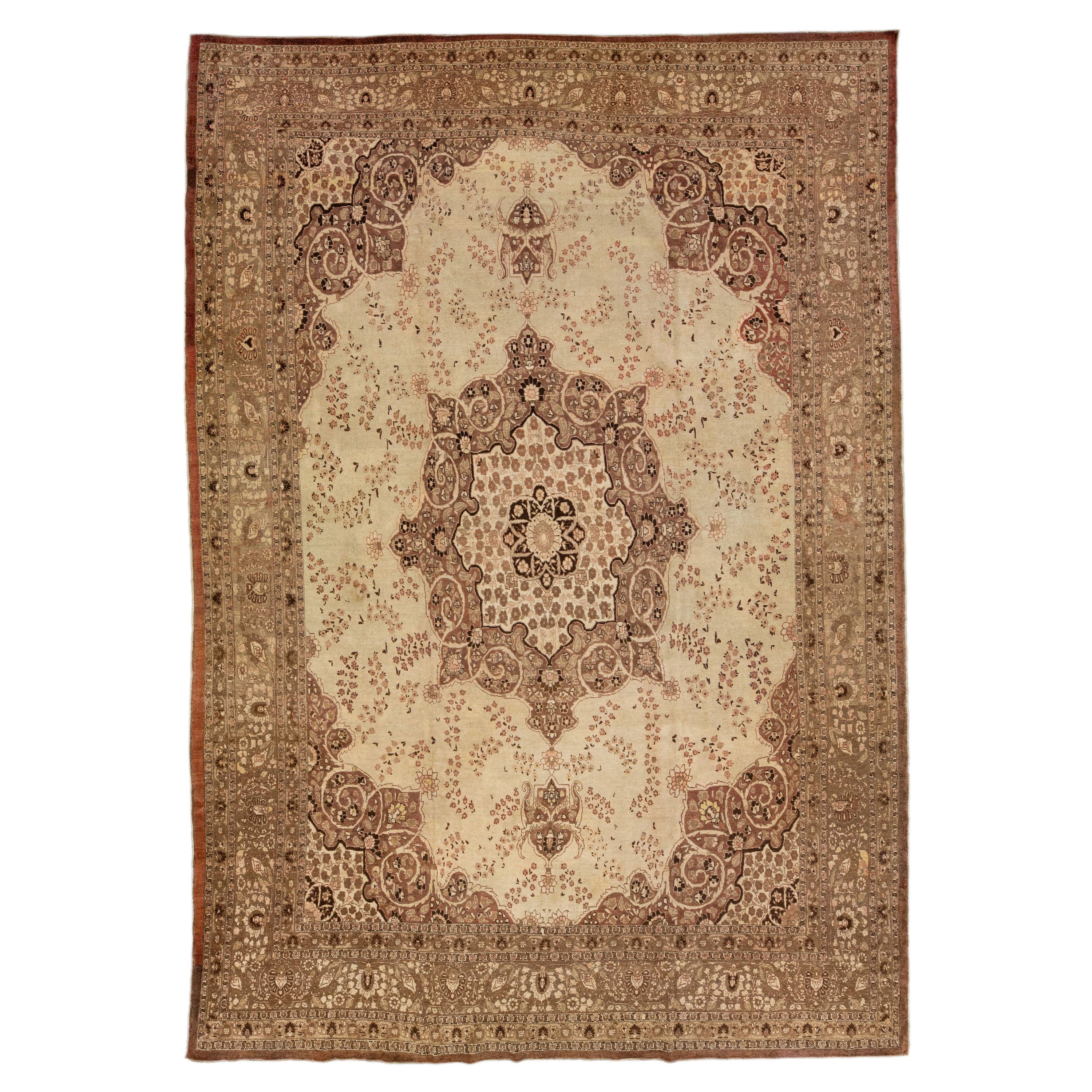 1900s Beige Handmade Antique Persian Tabriz Wool Rug For Sale