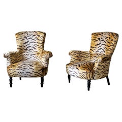 Armchairs recovered in Le Tigre fabric