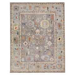Oversize Indian Hand Knotted Oushak Style Wool Rug in Gray with Allover Motif