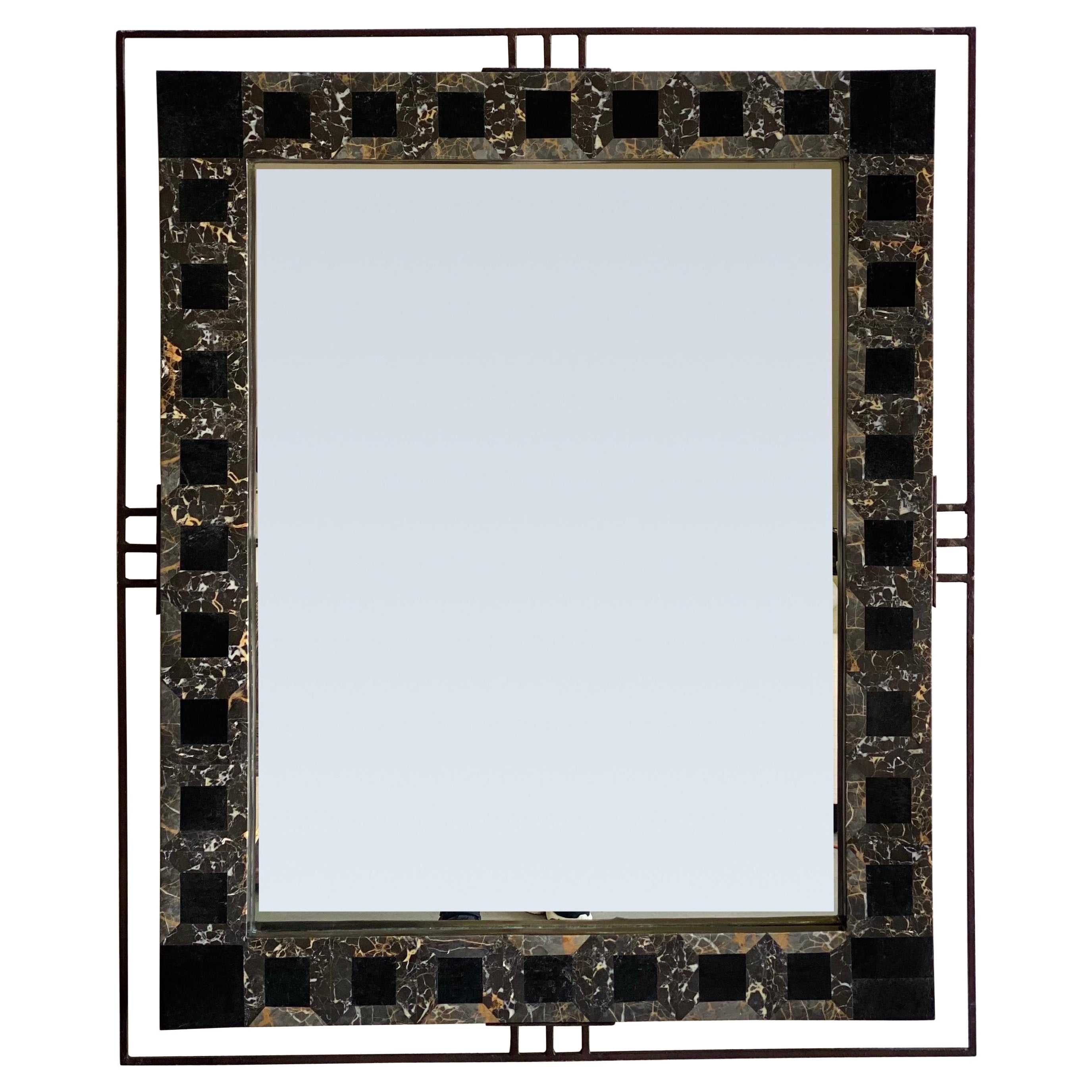1970 Sculptural Tessellated Black and Brown Marble Stone Rectangular Wall Mirror For Sale