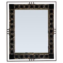 Vintage 1970 Sculptural Tessellated Black and Brown Marble Stone Rectangular Wall Mirror