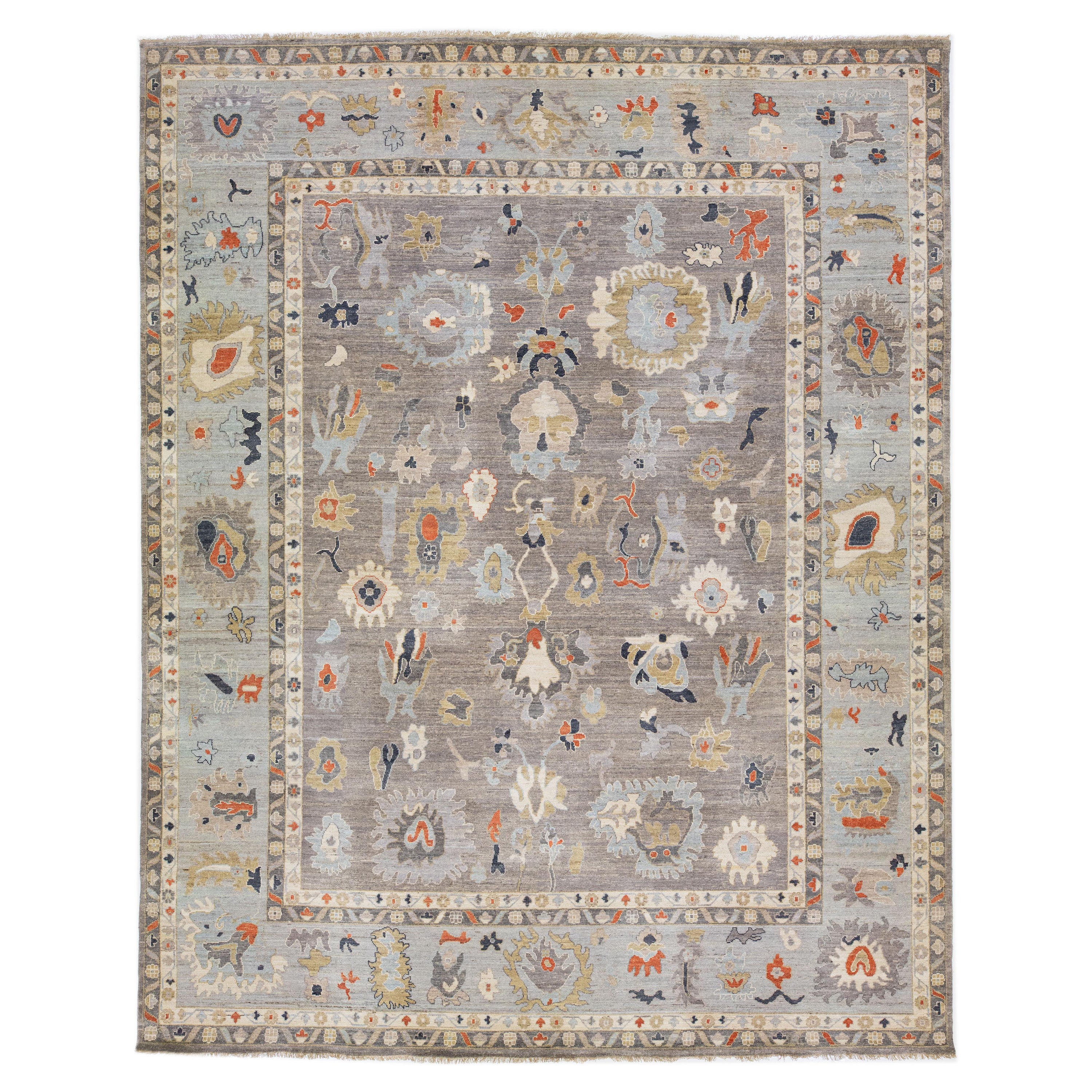 Gray Hand Knotted Indian Oushak Style Wool Rug with Allover Design