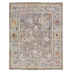 Tapis indien en laine gris de style Oushak noué à la main avec motif sur toute sa surface