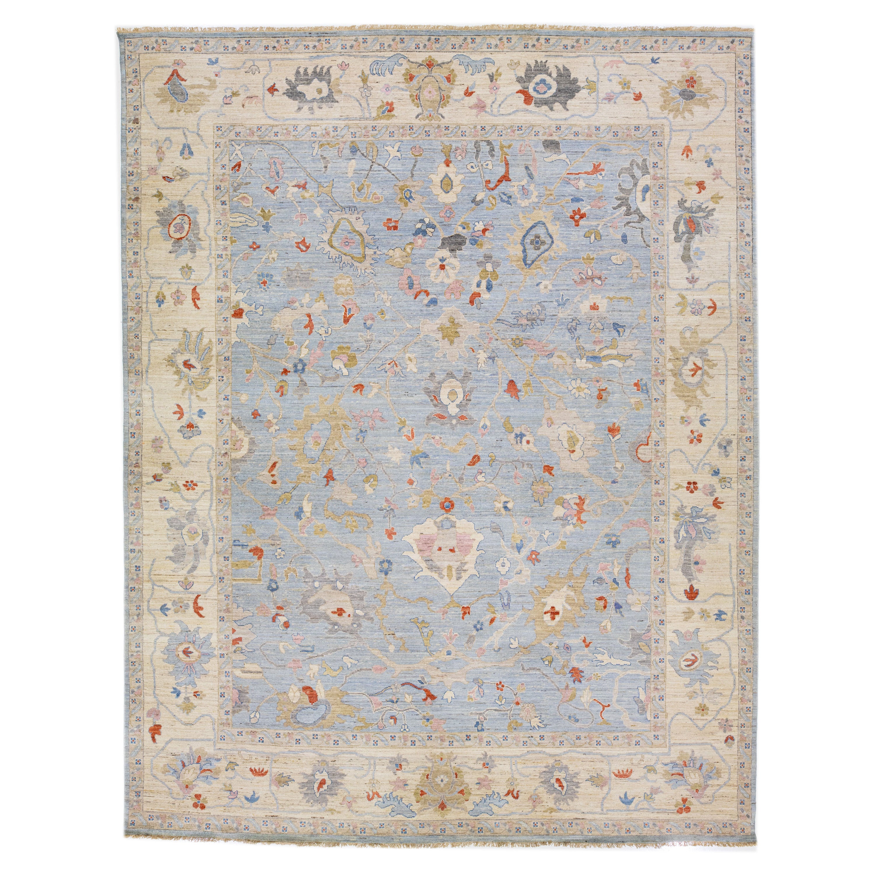 Contemporary Handmade Oushak Style Wool Rug in Light Blue with Allover Design