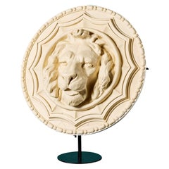 English Plaster Lion Head Roundel on Stand