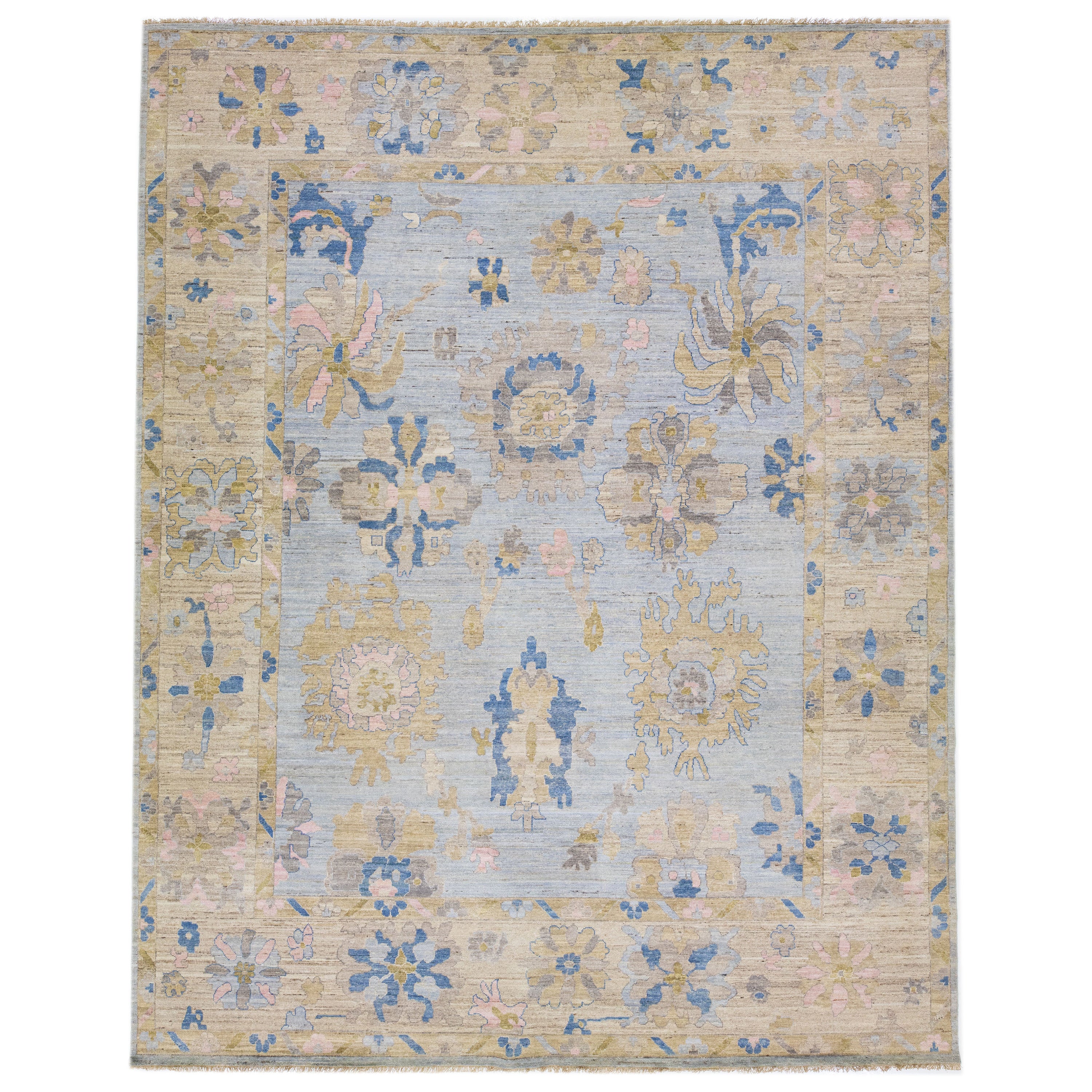 Oversized Handmade Oushak Style Blue Wool Rug  With Floral Pattern