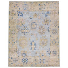 Tapis surdimensionné en laine bleue de style Oushak fait à la main  Avec motif floral