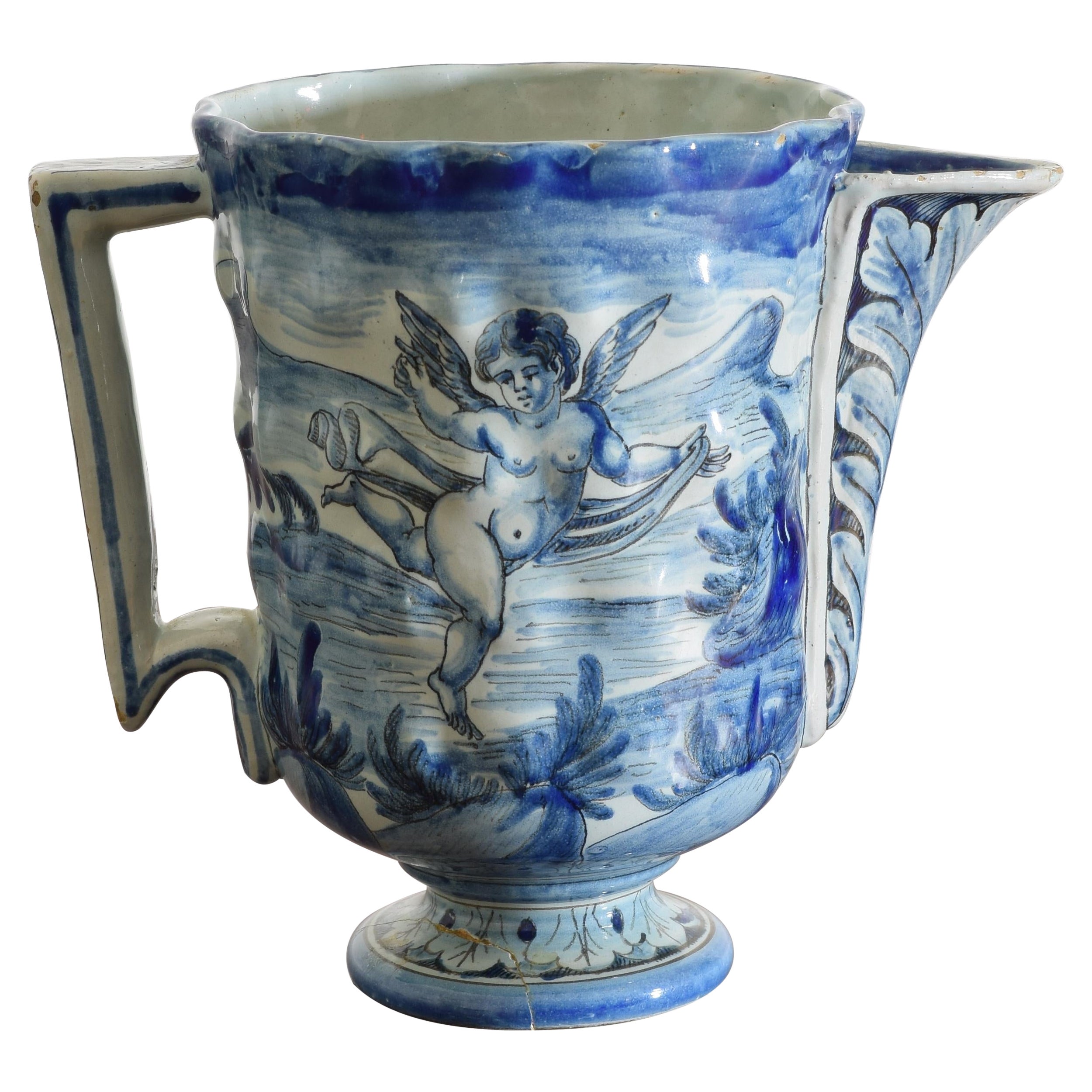 19th Century Italian Blue and White Cantagalli Majolica Pitcher or Vase For Sale