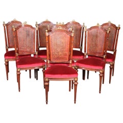 Antique Set of 8 French Louis XVI Style Mahogany Cane Back Dining Chairs with Ormolu