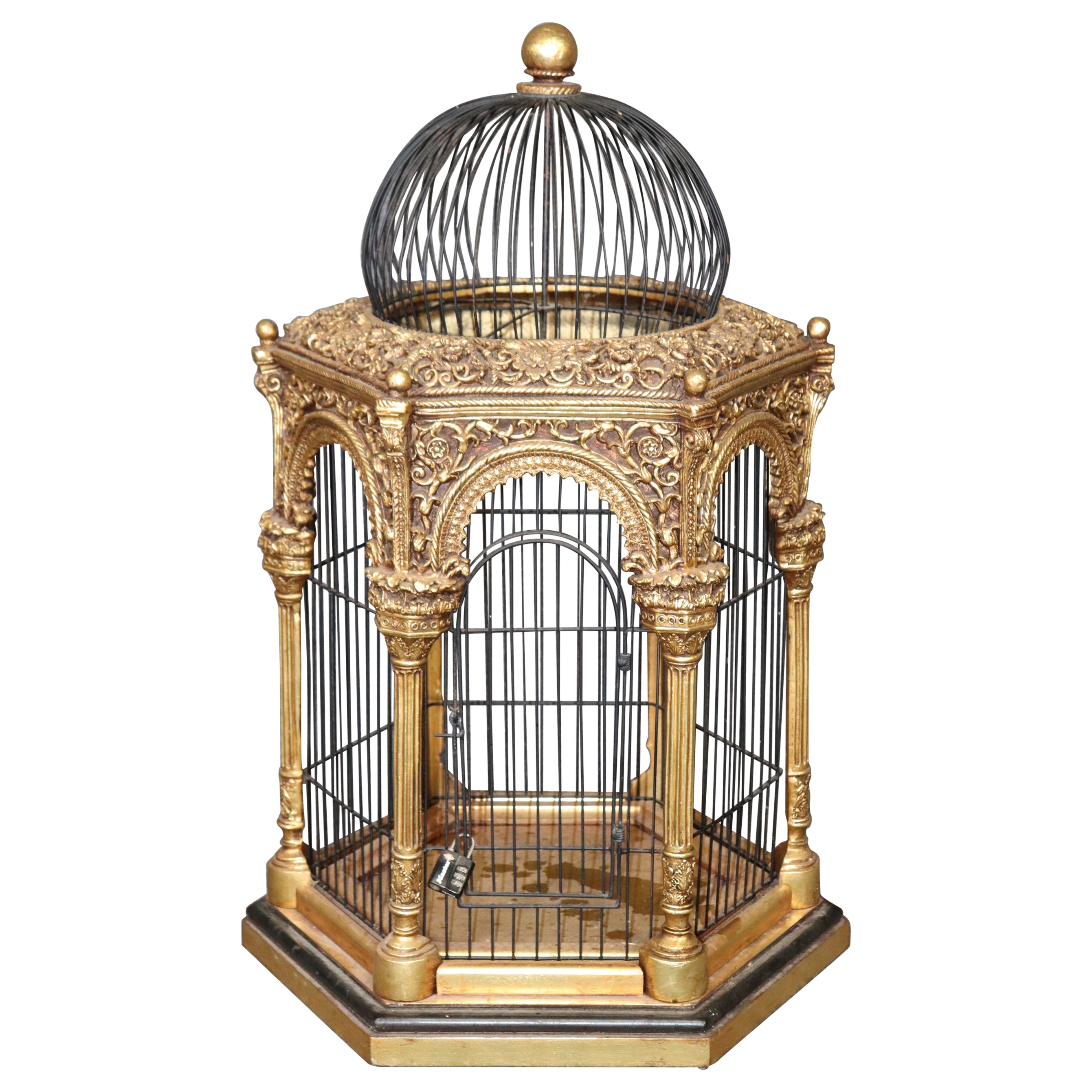 Elaborate Carved Gilded Arabesque Style Carved Parakeet Bird Cage