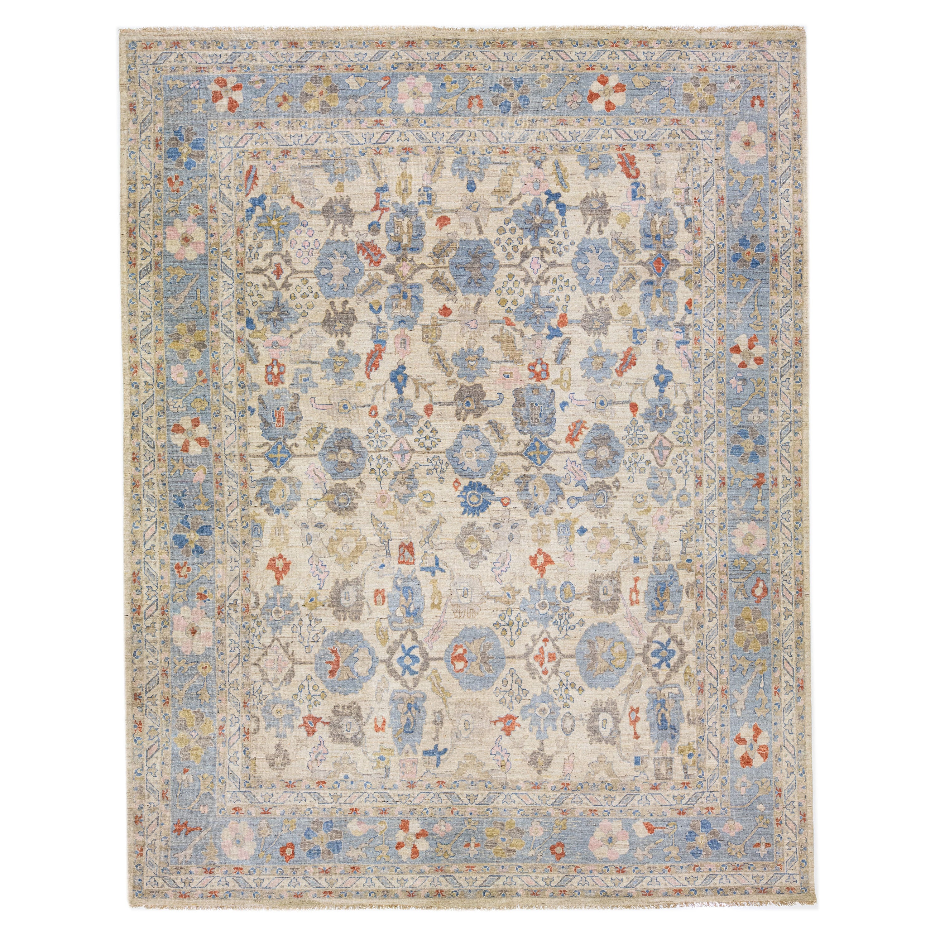 Allover Contemporary Handmade Sultanabad Wool Rug in Beige For Sale