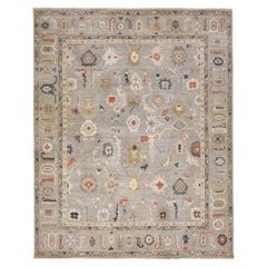 2010s Hand-Knotted Modern Sultanabad Wool Rug With Allover Gray Field