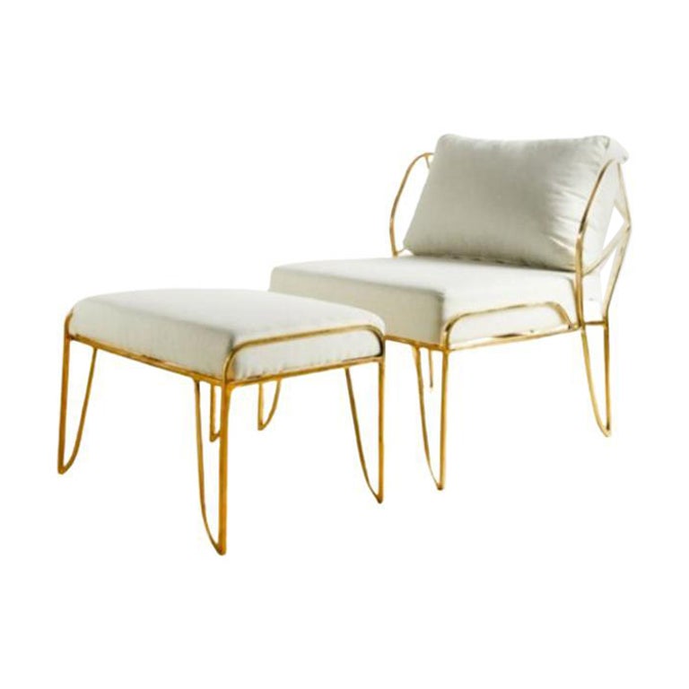Set of Lena Armchair and Stool – Brass Frame & White Upholstery by Masaya
