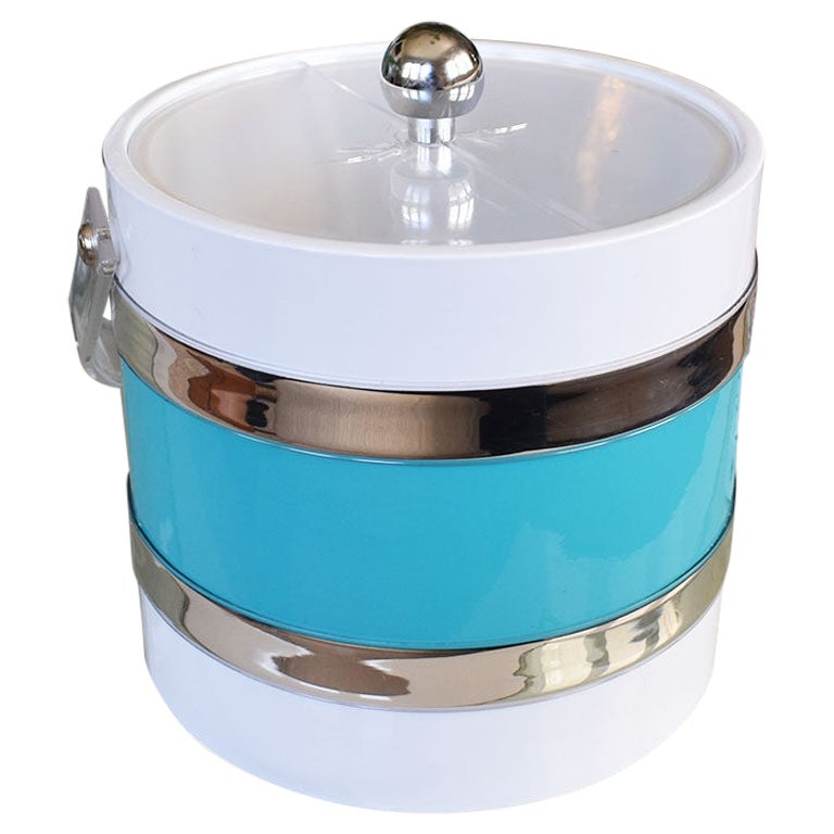 Acrylic MidCentury Modern Ice Bucket in Blue Turquoise and Chrome with