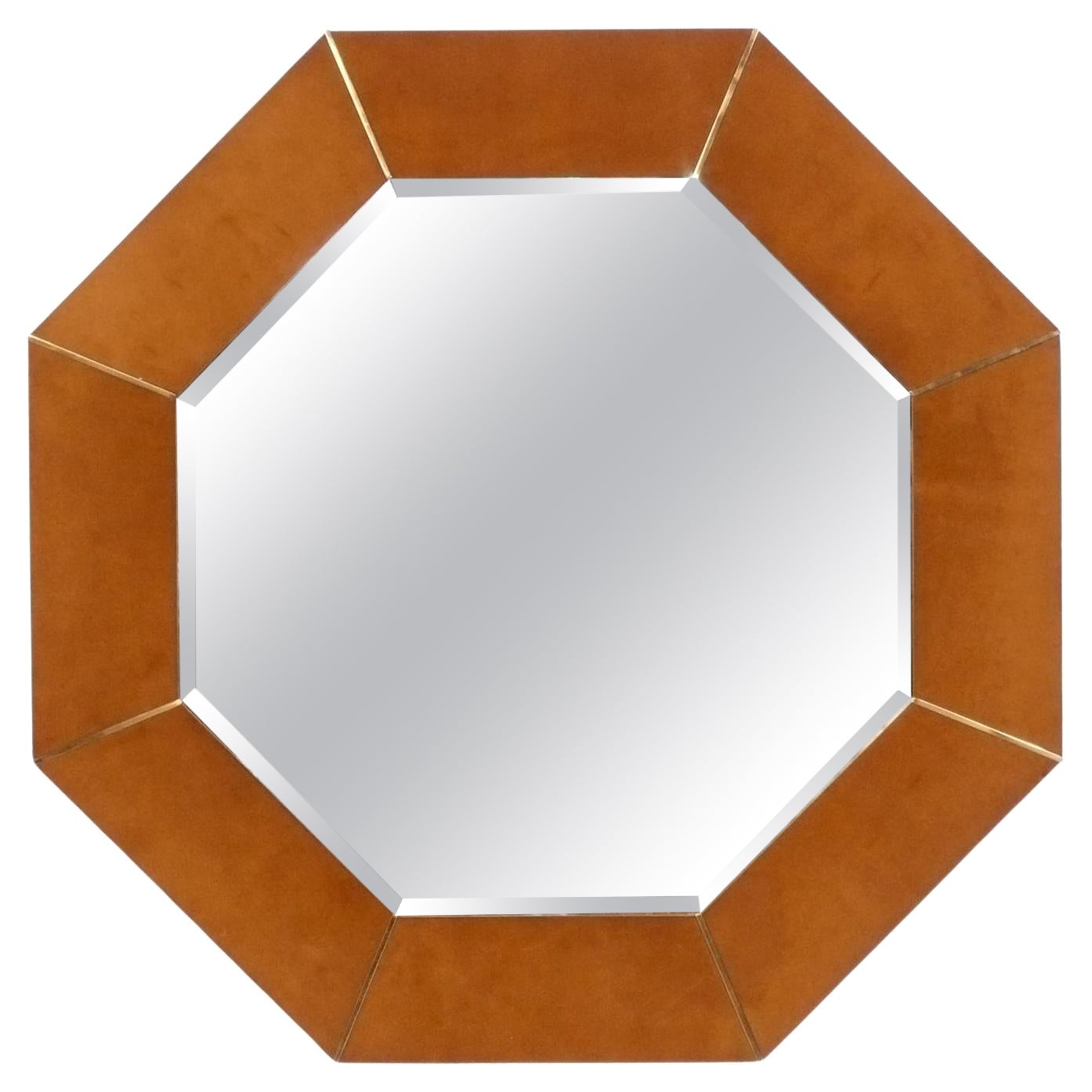 Karl Springer Signed Cognac Suede Leather Octagonal Mirror For Sale