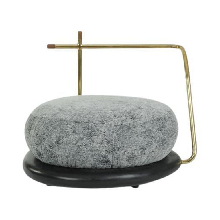 Zen Stone 'B' Stool – Grey Upholstered Seat with Teak & Brass Accents by Misaya For Sale