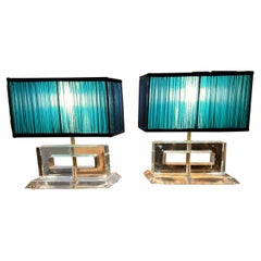 Vintage Clear Murano Glass Blocks Lamps Ice Effect with Our Blue Lampshades, 1970s