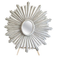 19th Century White-Grey French Soleil Sunburst Pinewood Wall Glass Mirror