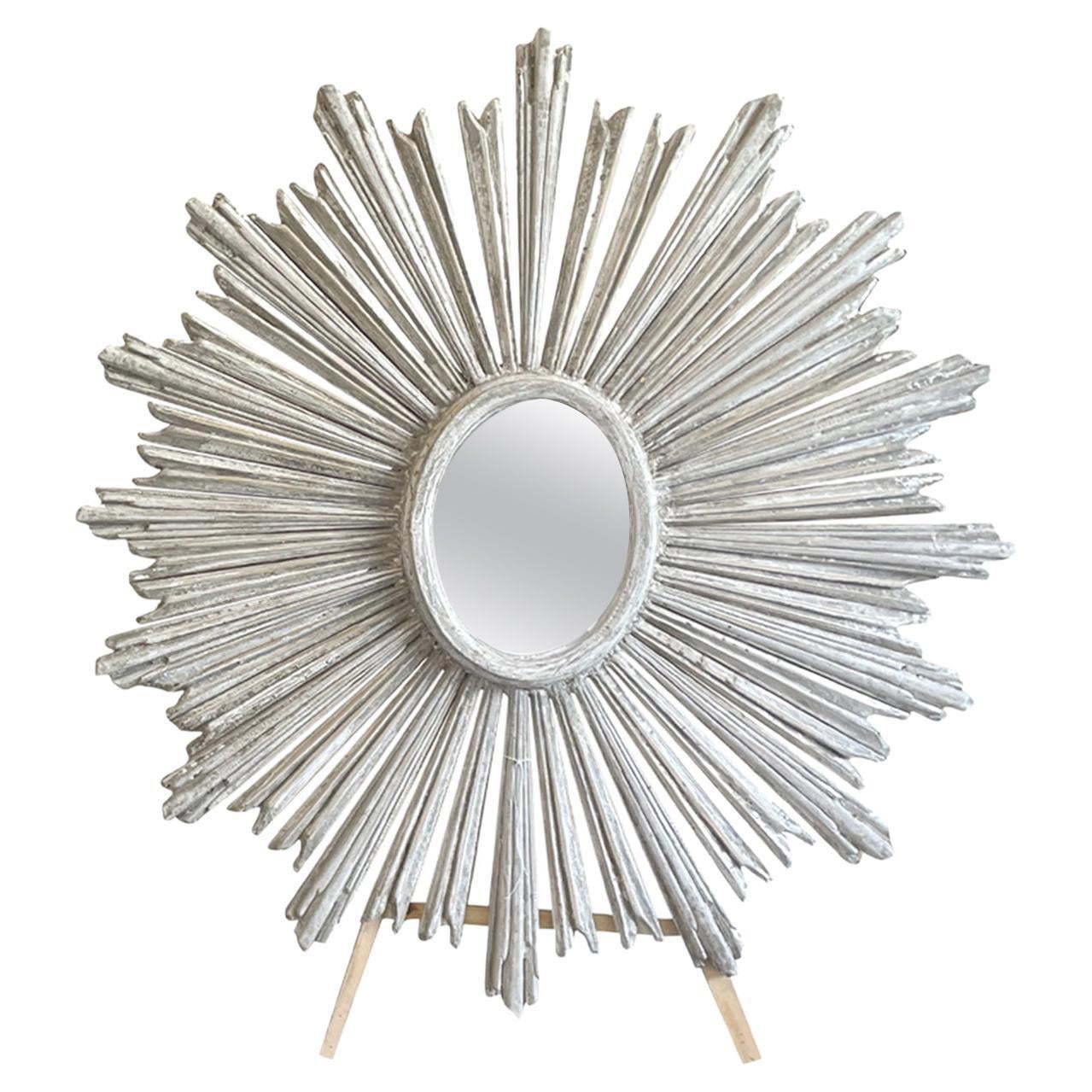 19th Century White-Grey French Soleil Sunburst Pinewood Wall Glass Mirror