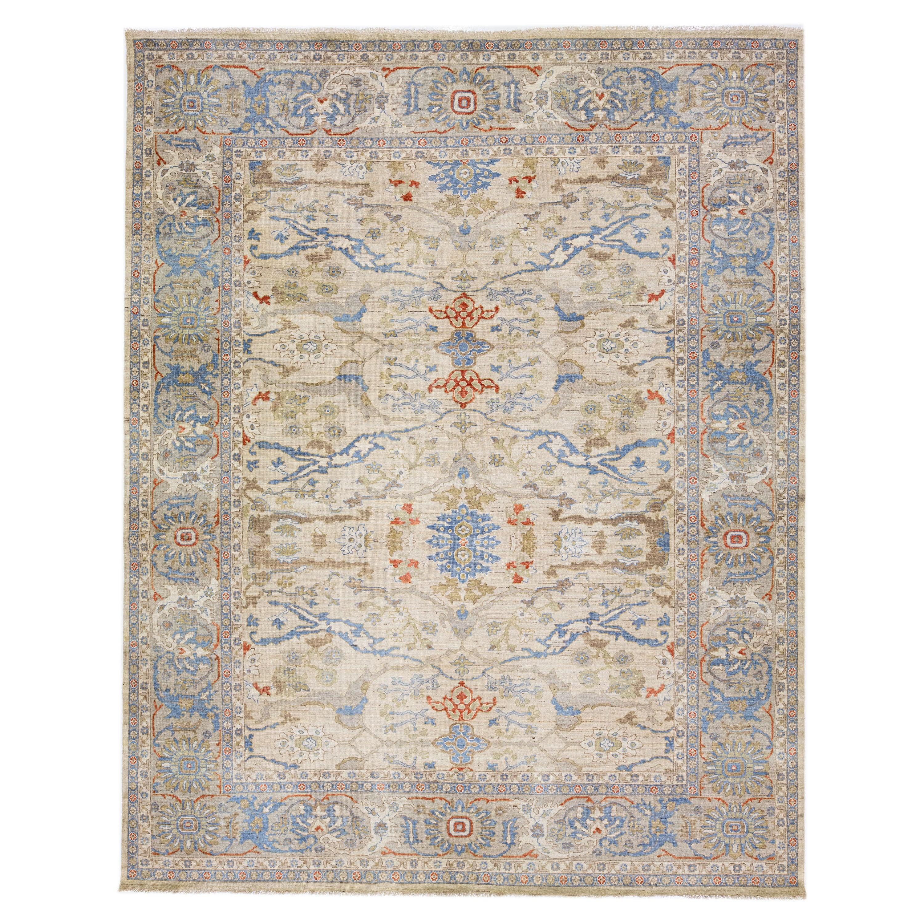Modern Handmade Sultanabad Beige Wool Rug with Allover Pattern For Sale