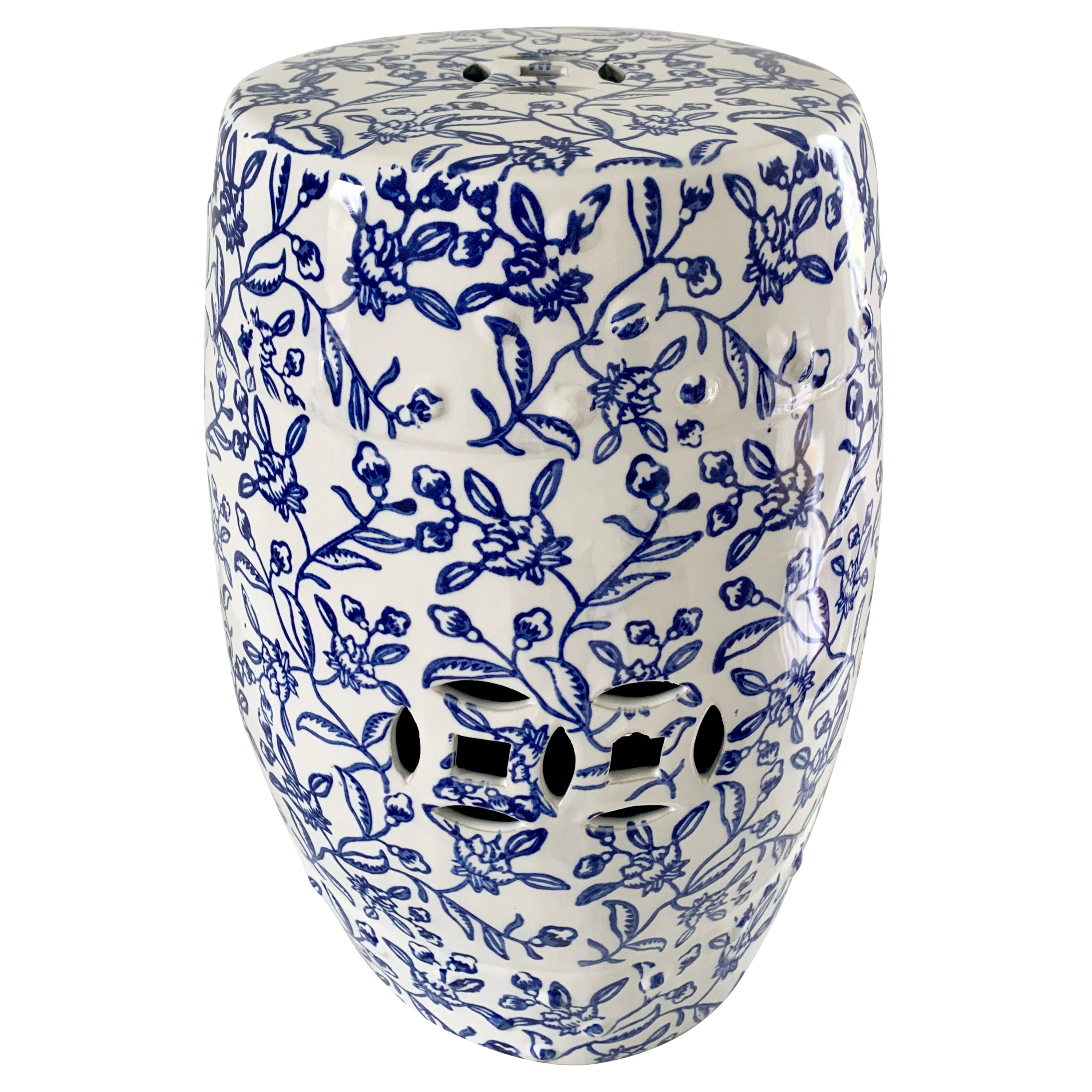 Chinoiserie Blue and White Floral Porcelain Garden Stool