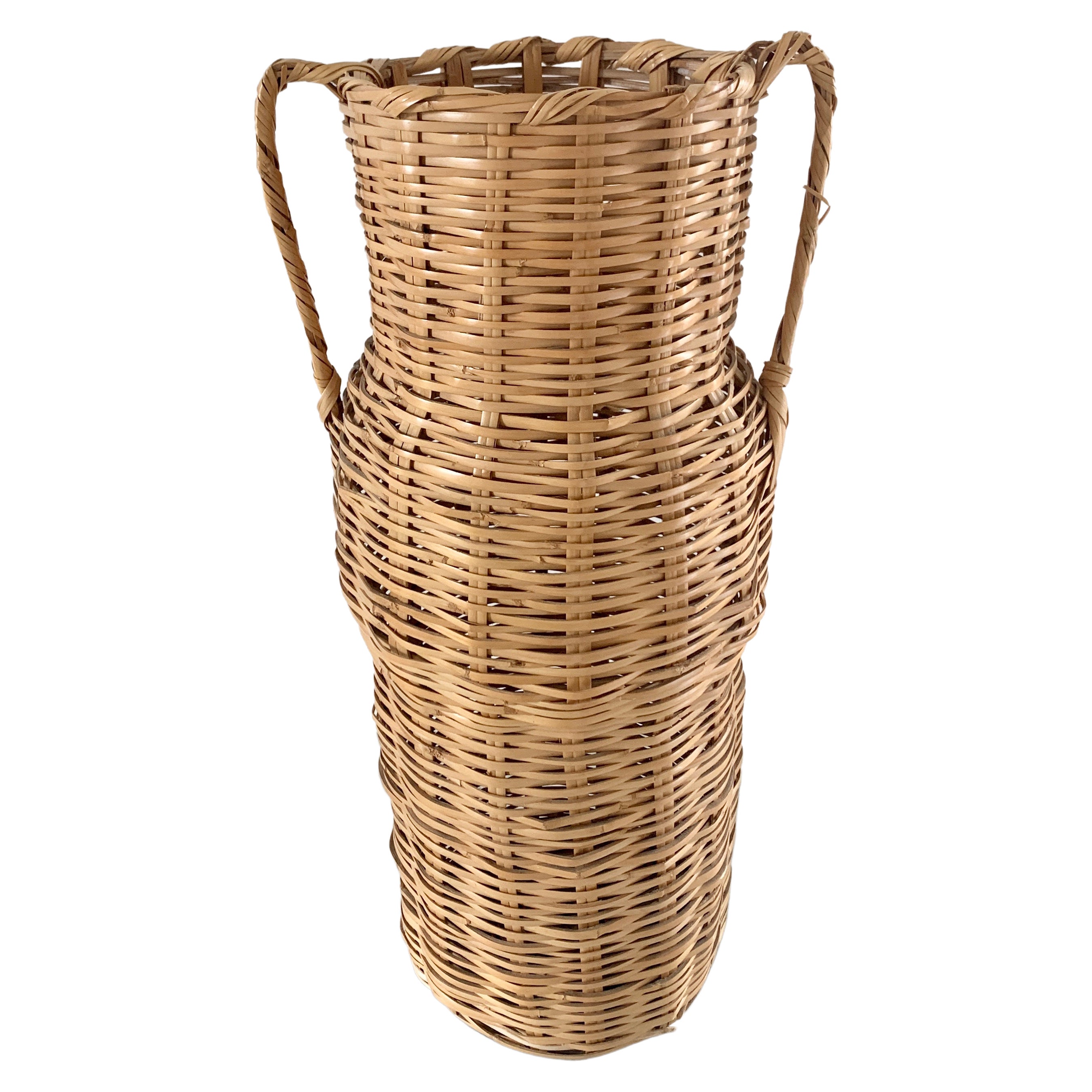 Vintage 1980s Boho Wicker Amphora Vase Basket For Sale