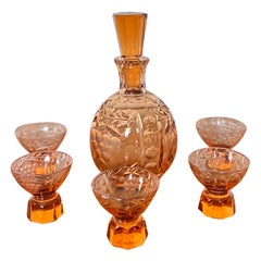 Antique Vintage Amber Cut Crystal Decanter Set with 5 Cups