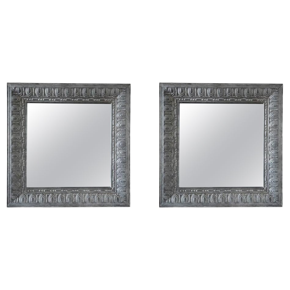 19th Century Style Light-Grey French Pair of Zinc Wall Glass Mirrors, Wall Décor