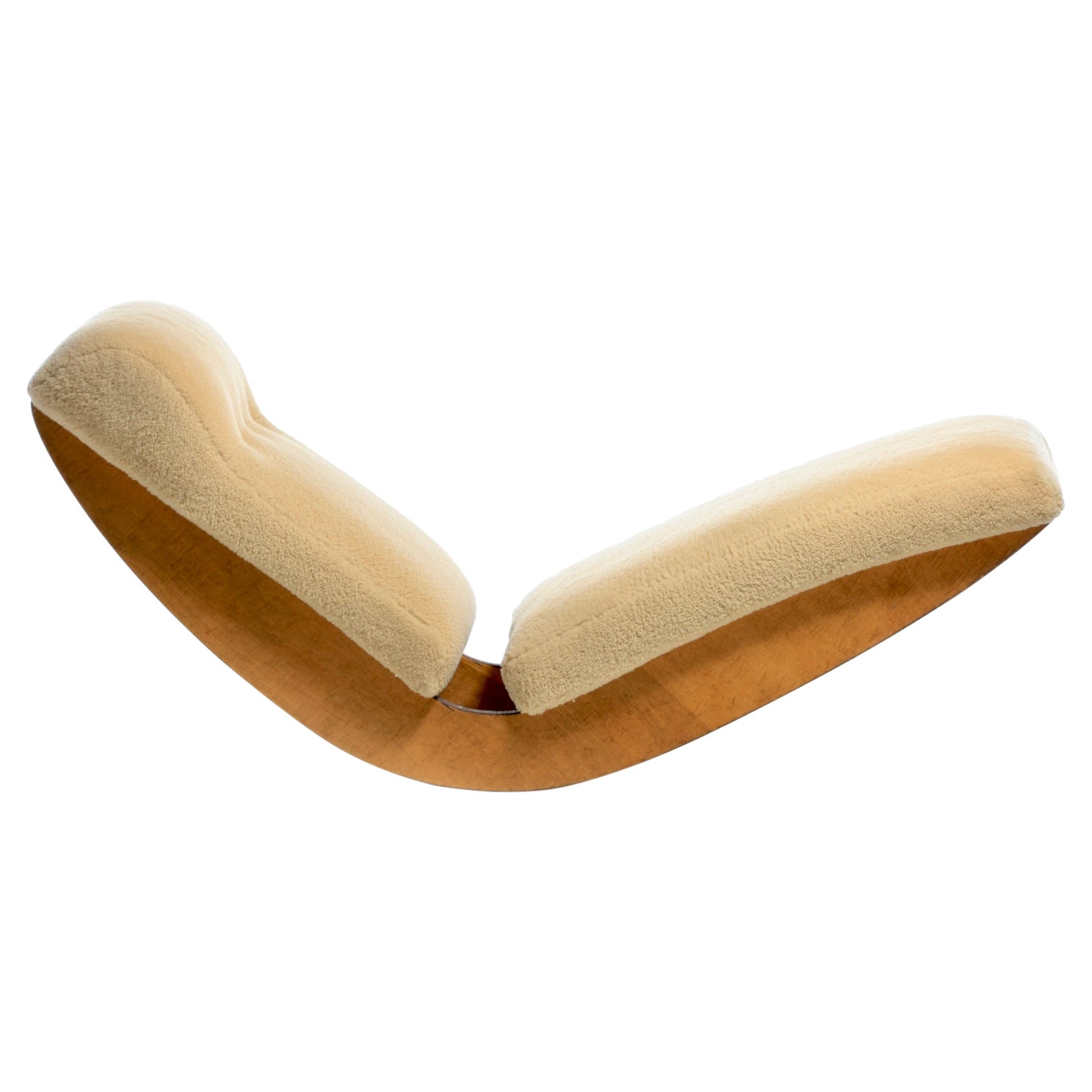 Sculptural Walnut Rocking Chaise Lounge in Soft Butterscotch Shearling c. 1980