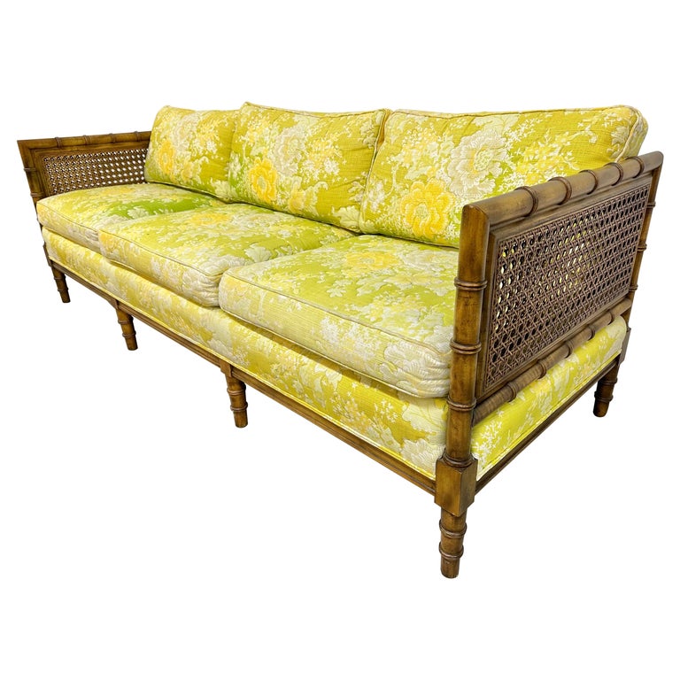 Vintage Walnut Bamboo Floral Cane Sofa For Sale at 1stDibs