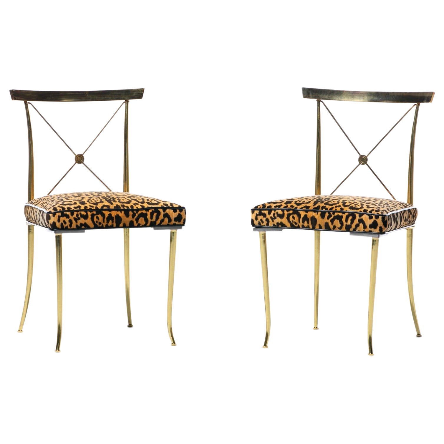 Hollywood Regency  Brass Neoclassical Side Chairs in Leopard Velvet & Leather For Sale