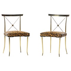 Hollywood Regency  Brass Neoclassical Side Chairs in Leopard Velvet & Leather