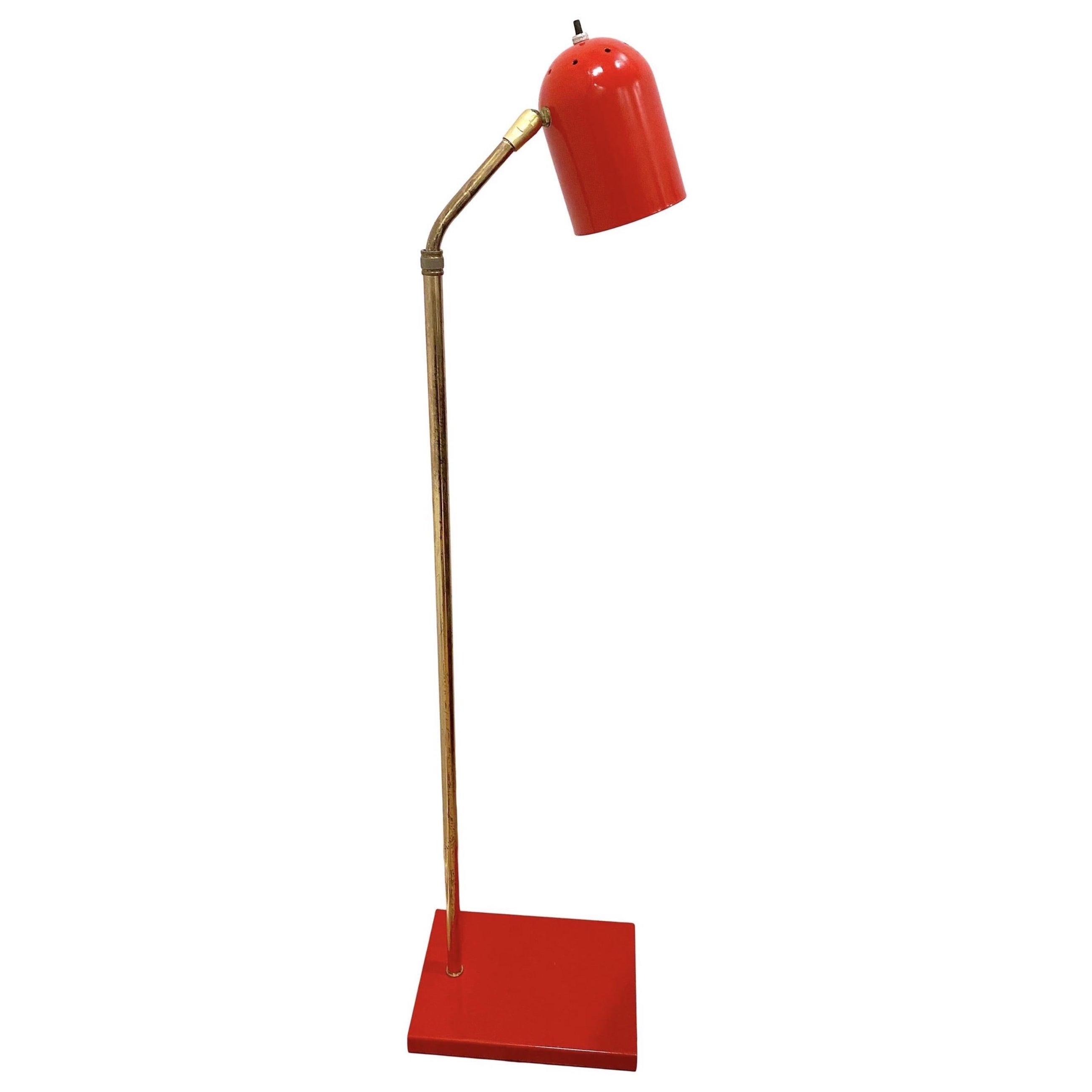 Midcentury Red Enamel and Brass Pharmacy Adjustable Floor Lamp For Sale