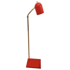 Midcentury Red Enamel and Brass Pharmacy Adjustable Floor Lamp