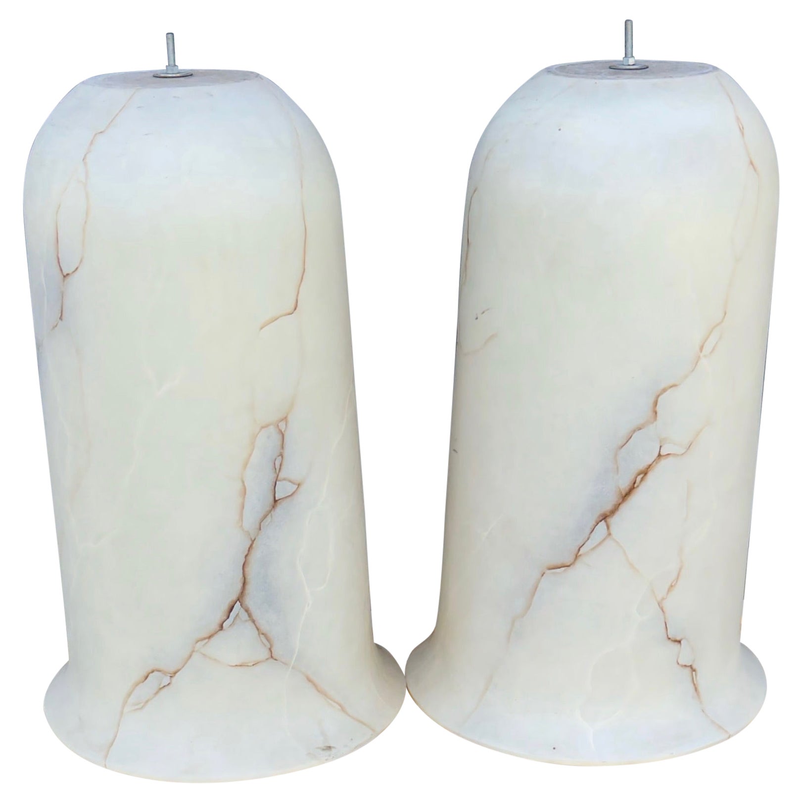 King Size and Unique Pair of White Alabaster Like, Bell Shape Pendant w. Veins For Sale
