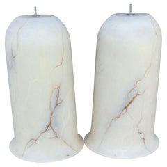 Vintage King Size and Unique Pair of White Alabaster Like, Bell Shape Pendant w. Veins