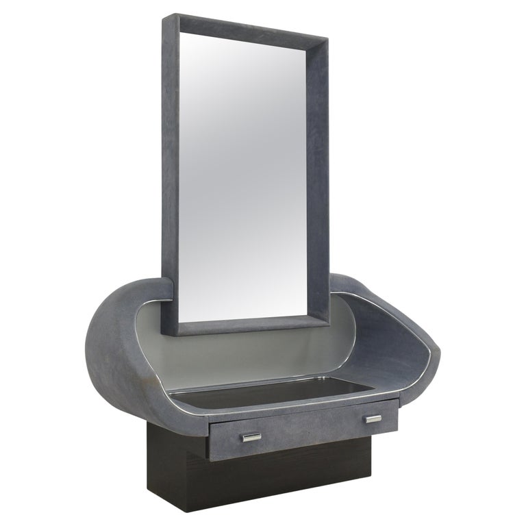 Retro Vintage Mirror Dresser / MakeUp Dresser in Blue Gray and Velvet