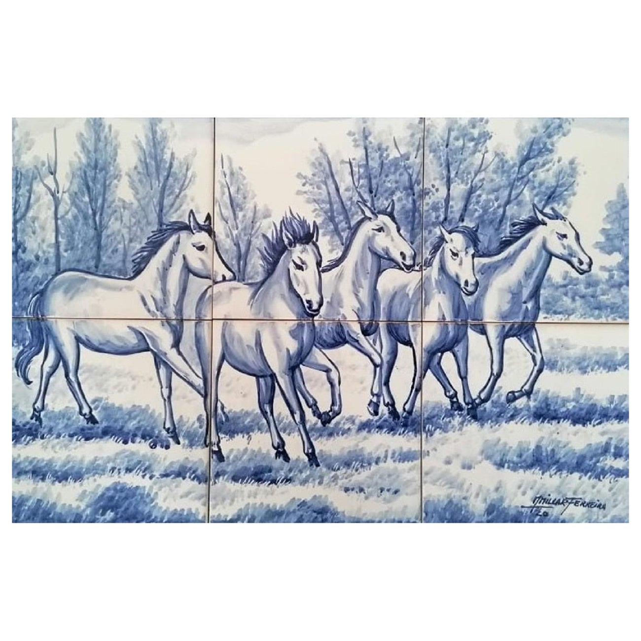 Horses Tile Mural in Pure Clay and Fine Ceramic, Portuguese Tiles For