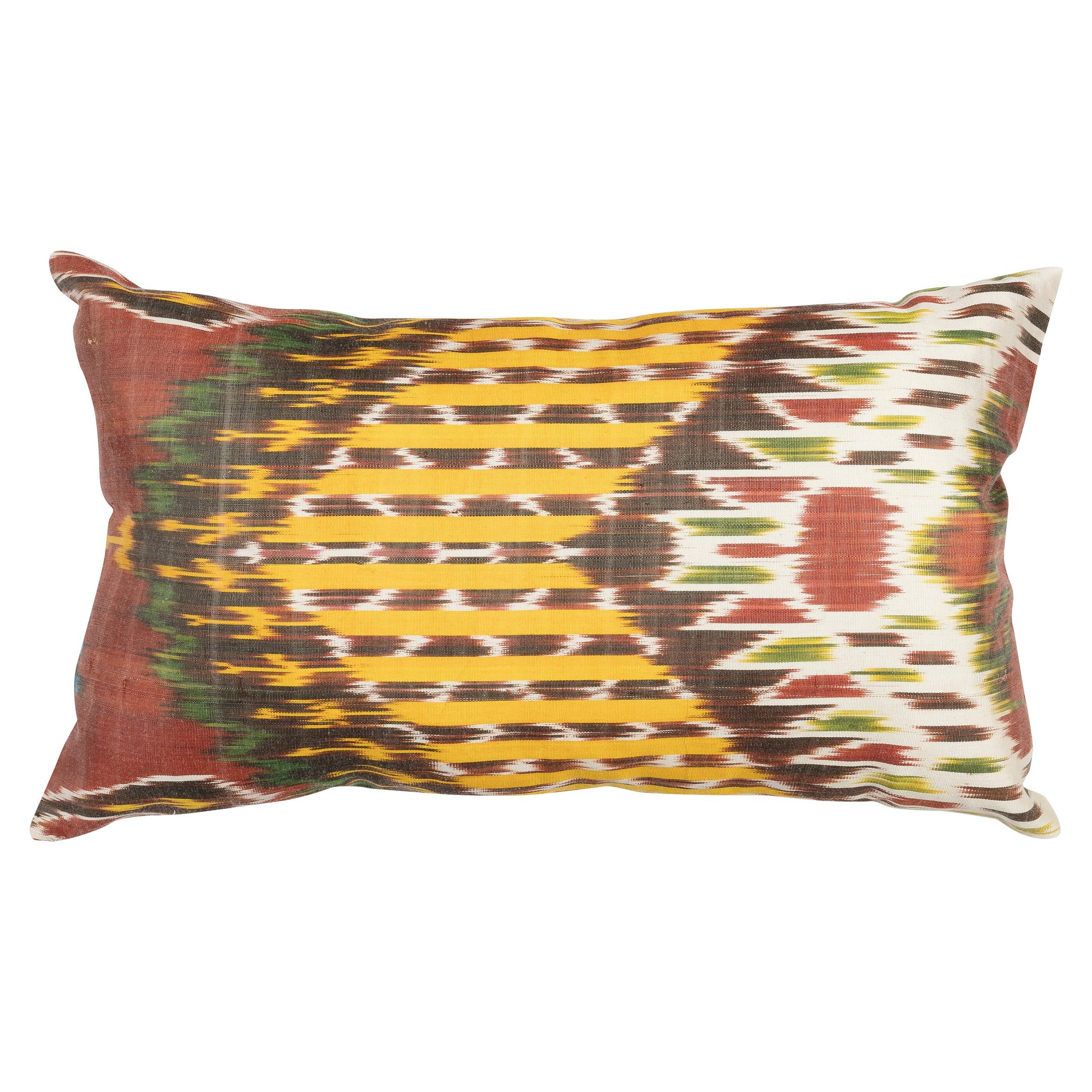 Decorative Yellow, Green, Red & Cream Tones Throw Pillow, Ikat Cushion Cover For Sale